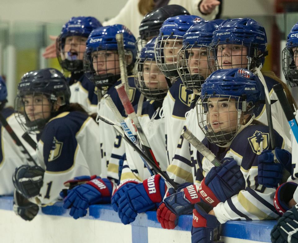 Webster players look on during the team's season opener against Ithaca at Webster Ice Arena on Wednesday, Dec. 13.