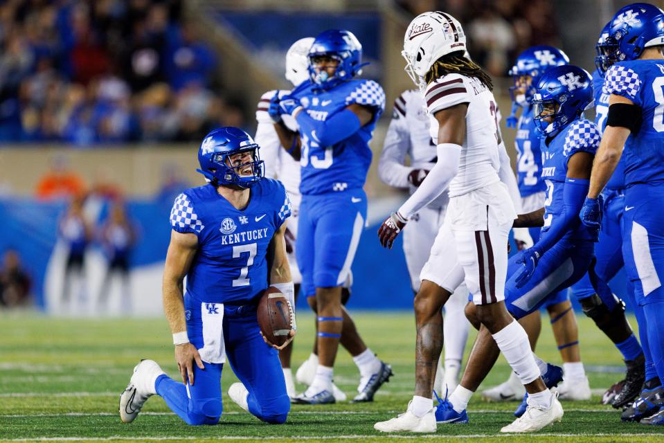 Kentucky quarterback Will Levis (7) celebrates after converting on fourth down against Mississippi State during the first half of an NCAA college football game in Lexington, Ky., Saturday, Oct. 15, 2022. (AP Photo/Michael Clubb)