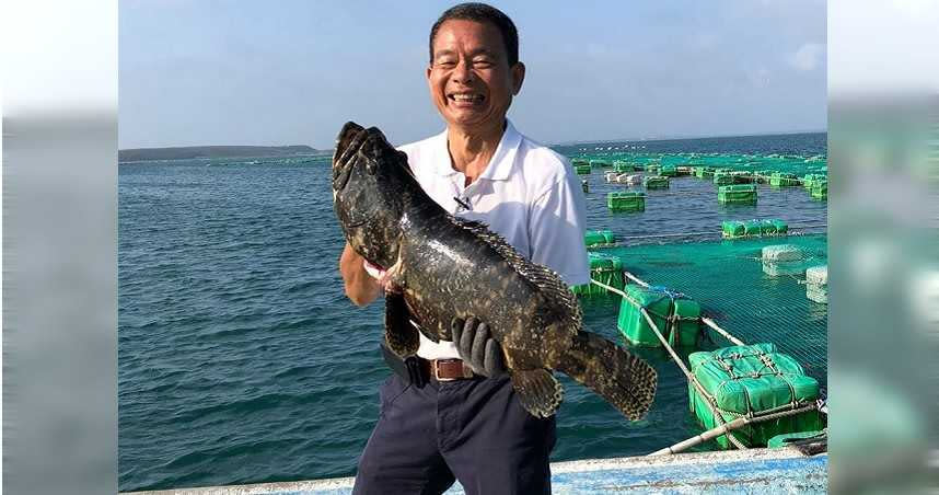 站在澎湖外海浮板、抱著碩大的石斑，咧著嘴笑盈盈地劉天和，27日下午驚傳驟逝。（圖／天和鮮物提供）