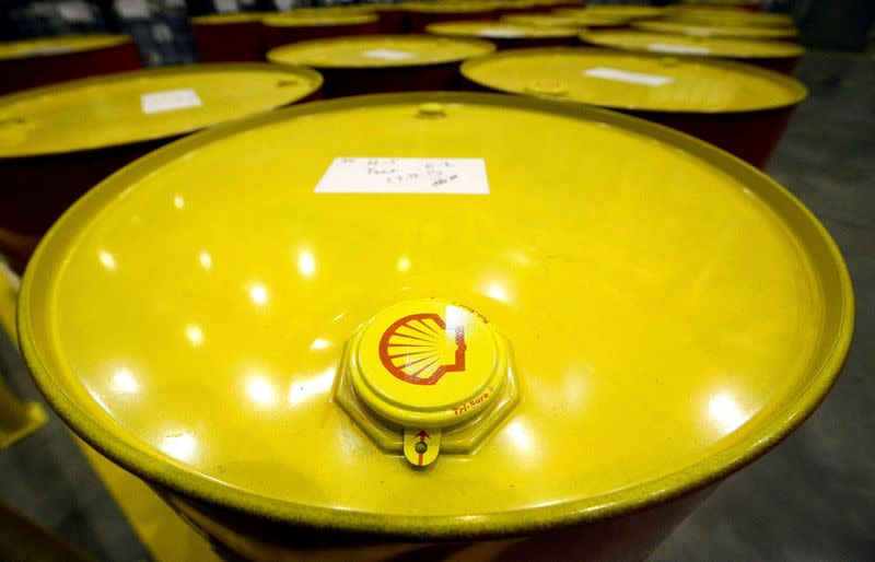 FILE PHOTO: Filled oil drums are seen at Royal Dutch Shell Plc's lubricants blending plant in the town of Torzhok