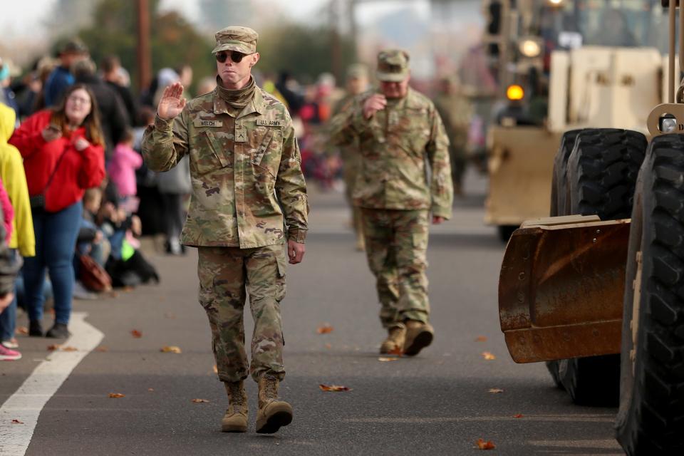 Veterans and service members march in the Albany Veterans Day Parade in 2018. Instead of the usual parade this year, floats and veterans will be hosted by sponsors at sites around the city on Thursday.