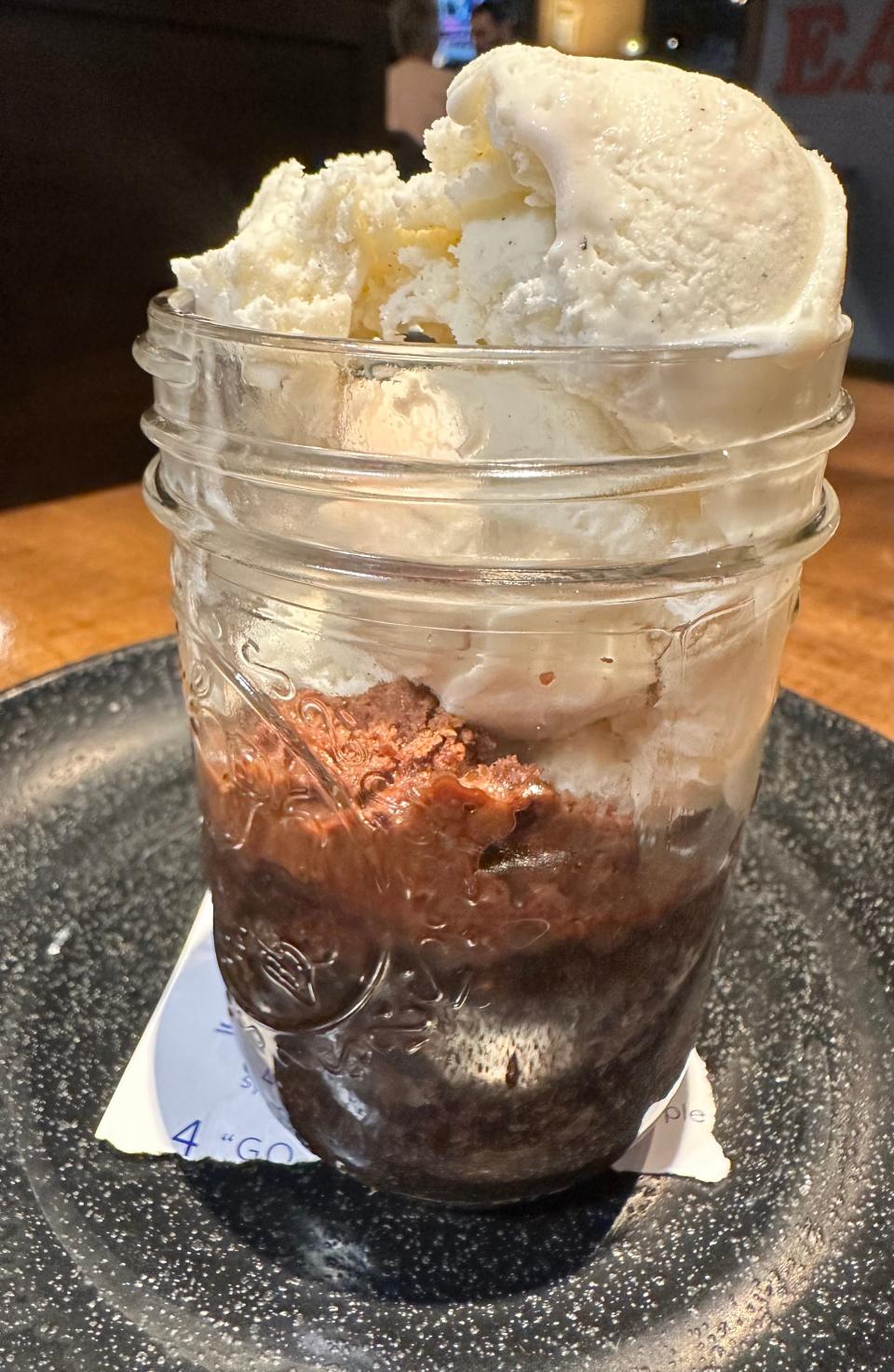 Molten brownie served in a canning jar at Table Six Kitchen + Bar was somewhat of a disappointment.