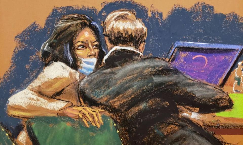 A courtroom sketch of Maxwell in conversation with her attorney Bobbi Sternheim.