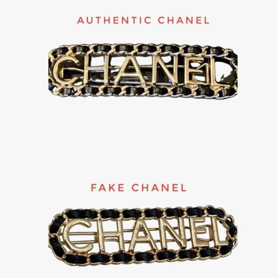 An authentic Chanel logo item (top) and a counterfeit one.