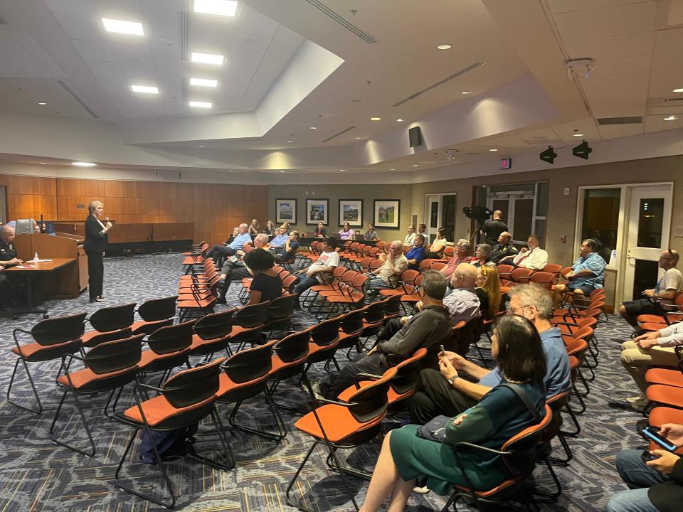 Deputy City Manager Lori LaVerriere speaks to residents of unincorporated areas near Palm Beach Gardens during an annexation open house meeting held by the city on Tuesday, February 13, 2024, in Palm Beach Gardens, Fla.