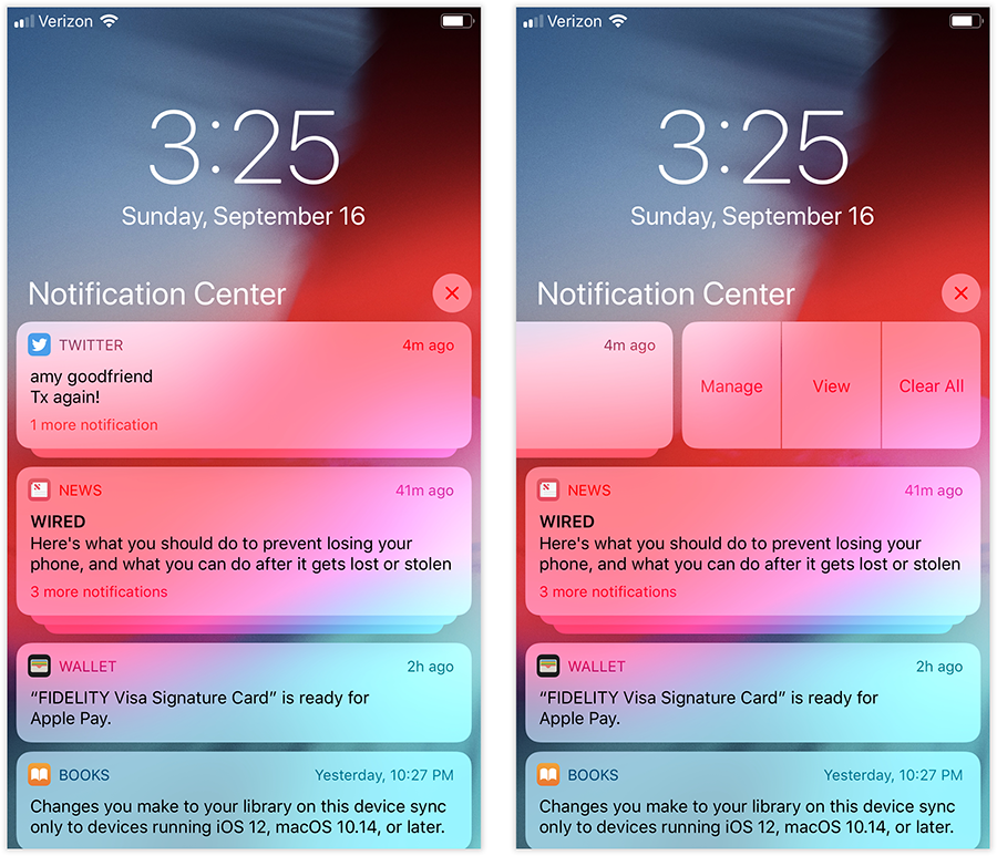 You can have your notifications grouped (left)—press your finger to expand a group, or swipe to clear them or shut them up for this app (right).