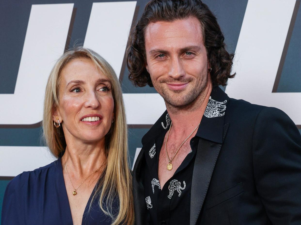 Sam Taylor-Johnson and Aaron Taylor-Johnson at the Paris premiere of "Bullet Train" in July 2022.
