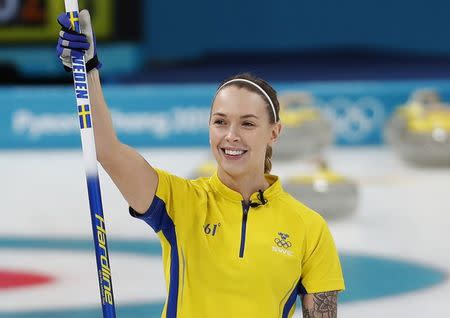 Curling - Pyeongchang 2018 Winter Olympics - Women's Round Robin - Britain v Sweden - Gangneung Curling Center - Gangneung, South Korea - February 18, 2018 - Sofia Mabergs of Sweden celebrates. REUTERS/Cathal McNaughton