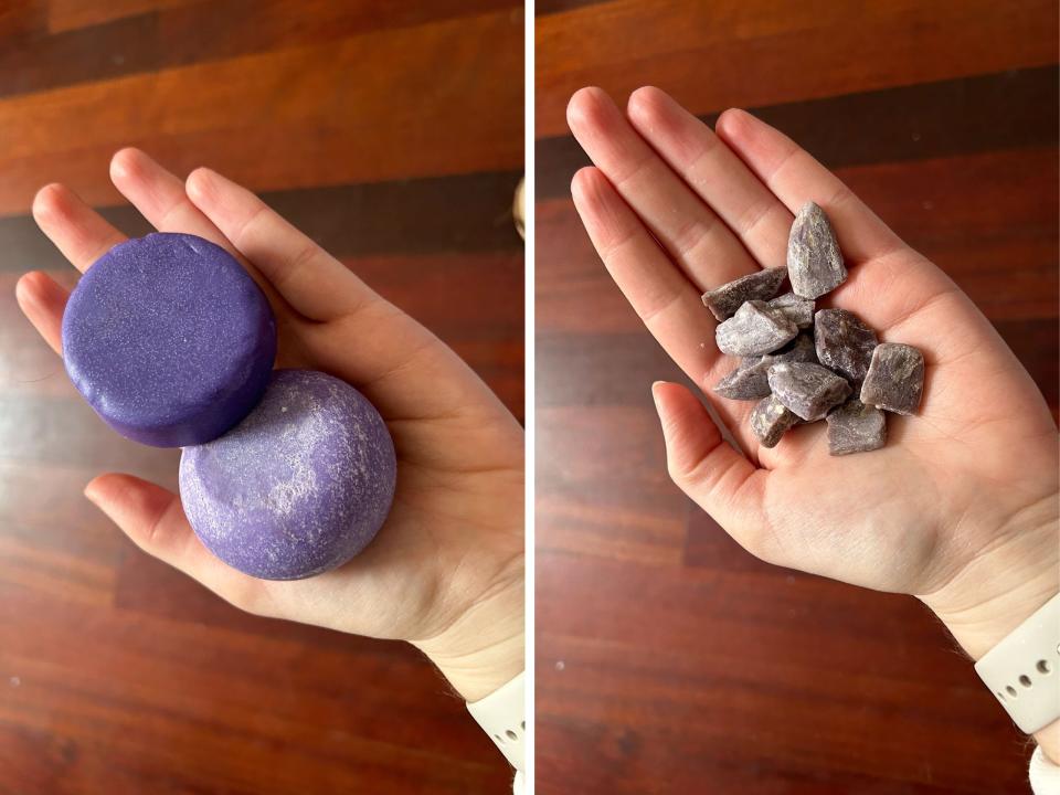 Photos of the new shampoo and conditioner bars versus the bars after dozens of uses.