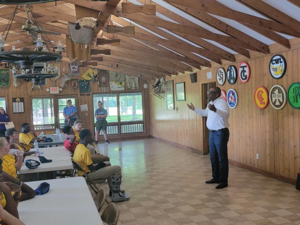 Sen. Chris Belt speaks to cadets at the Boy Scout Retreat during the Team Illinois Youth Police Camp. This year’s camp will take place Sunday, July 16, through Saturday, July 22, at Principia College in Elsah, Illinois.