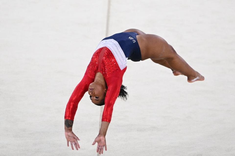 Team USA's Jordan Chiles competes in the floor event of the artistic gymnastics women's team final during the Tokyo 2020 Olympic Games at the Ariake Gymnastics Centre in Tokyo on July 27, 2021.<span class="copyright">Martin Bureau—AFP via Getty Images</span>