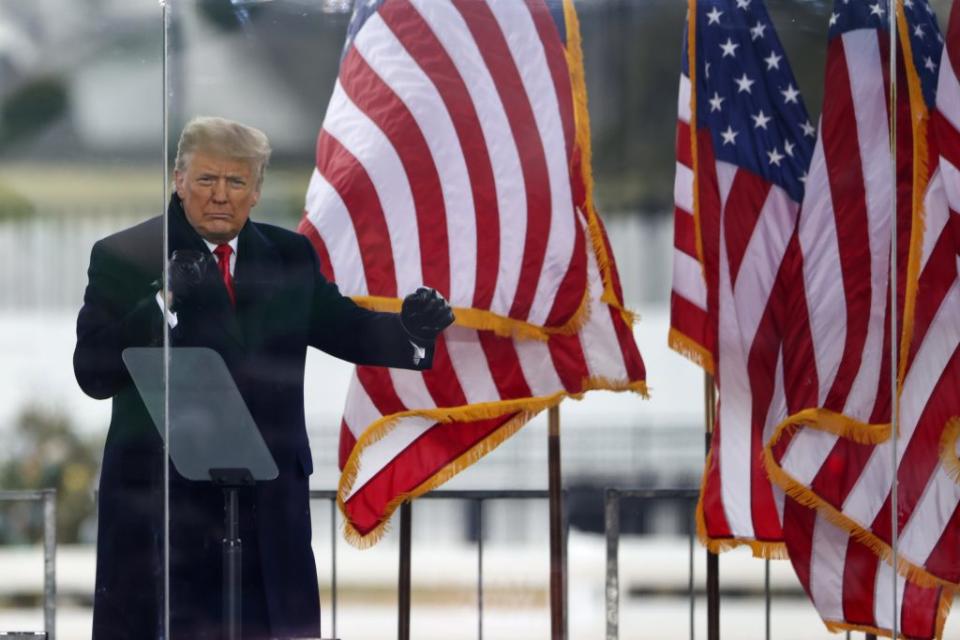 President Donald Trump greets the crowd at the “Stop The Steal” Rally on January 06, 2021 in Washington, DC. (Photo by Tasos Katopodis/Getty Images)