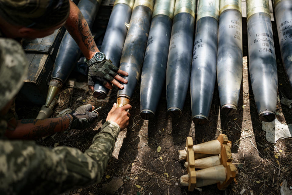 ZAPORIZHZHIA OBLAST, UKRAINE - JUNE 27: Ukrainian artillerymen load the rockets into a “Grad” multiple rocket launcher on position near Orikhiv on June 27, 2023 in Zaporizhzhia Oblast, Ukraine. (Photo by Serhii Mykhalchuk/Global Images Ukraine via Getty Images)