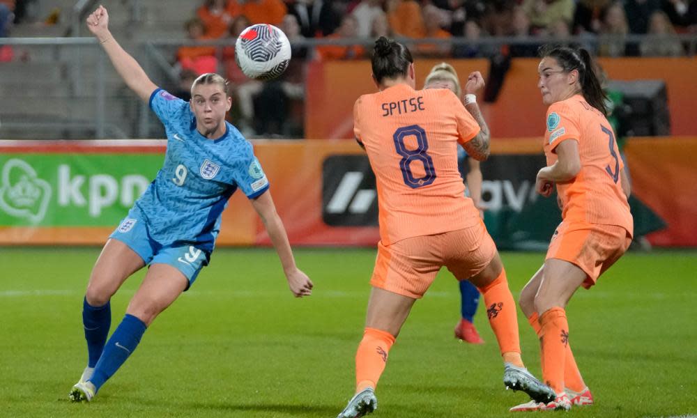 Alessia Russo scores England’s first goal against Netherlands.