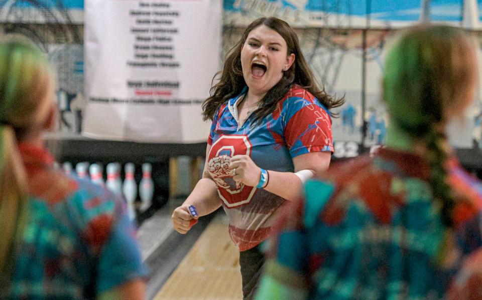 Kara Beissel reacts during the state bowling championships at Boardwalk Bowl Entertainment Center in Orlando on Thursday, Nov. 2, 2023.