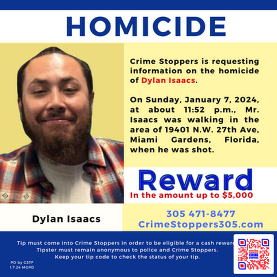 A reward of up to $5,000 is being offered for anonymous information leading to the arrest of the man who fatally shot Dylan Isaacs, 30, in Miami Gardens, Florida, on Sunday, January 7, 2024.