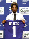 New York Giants first round draft pick Malik Nabers answers questions during an NFL football press conference, Friday, April 26, 2024, in East Rutherford, N.J. (AP Photo/Noah K. Murray)