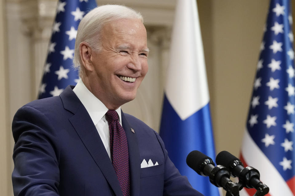 FILE - President Joe Biden smiles during a news conference with Finland's President Sauli Niinisto at the Presidential Palace in Helsinki, Finland, Thursday, July 13, 2023. On Friday, July 14, The Associated Press reported on stories circulating online incorrectly claiming Biden was impeached for high crimes and misdemeanors in June 2023. (AP Photo/Susan Walsh, File)