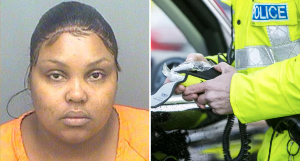 Kanisha Booze, 34, is pictured in a mugshot. A police officer is also pictured with a breath test kit.