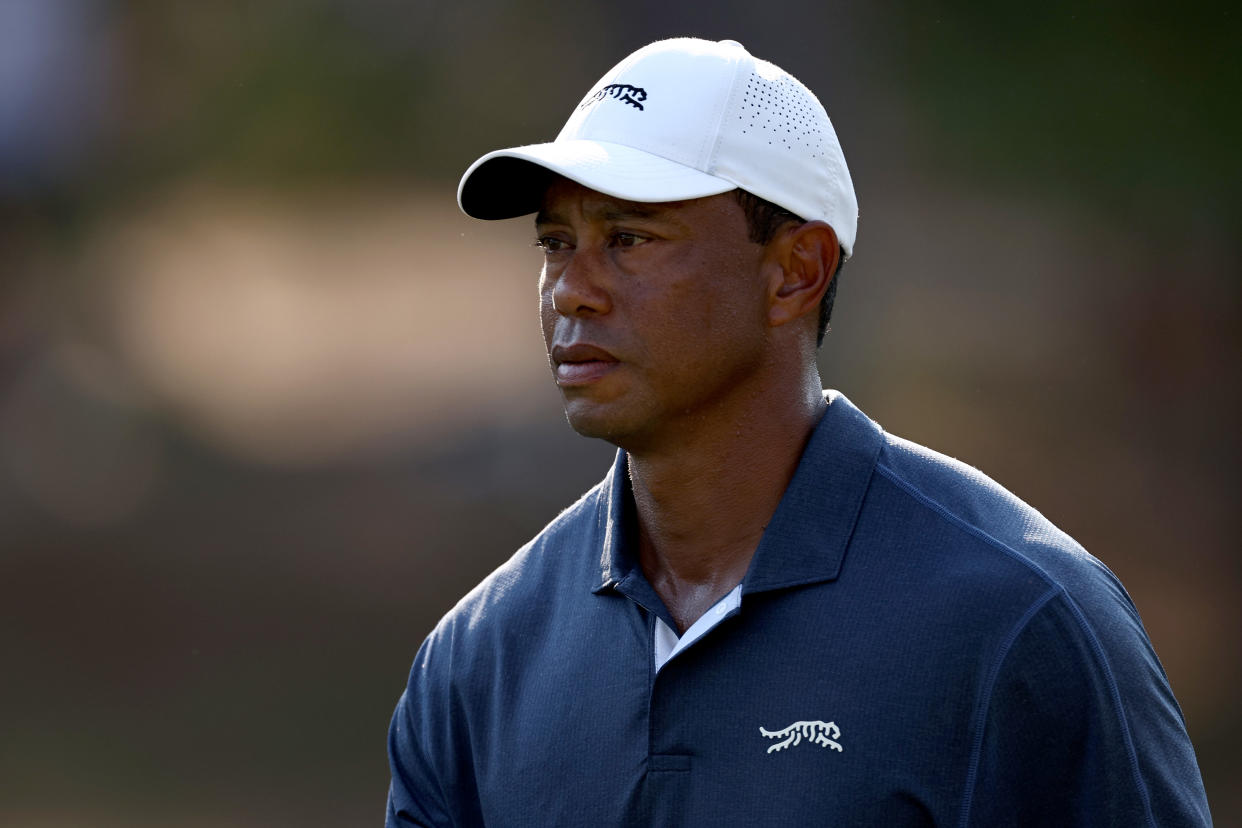 PINEHURST, NORTH CAROLINA - JUNE 14: Tiger Woods of the United States looks on from the 17th hole during the second round of the 124th U.S. Open at Pinehurst Resort on June 14, 2024 in Pinehurst, North Carolina. (Photo by Jared C. Tilton/Getty Images)