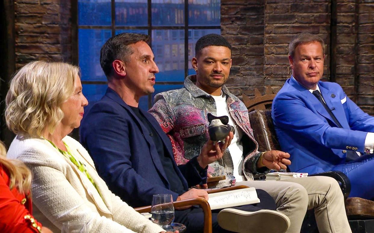 Gary Neville (second from the left) joined Deborah Meaden, Steven Bartlett (centre) and Peter Jones - Gary Neville's latest career choice as a Dragon does not seem a natural fit
