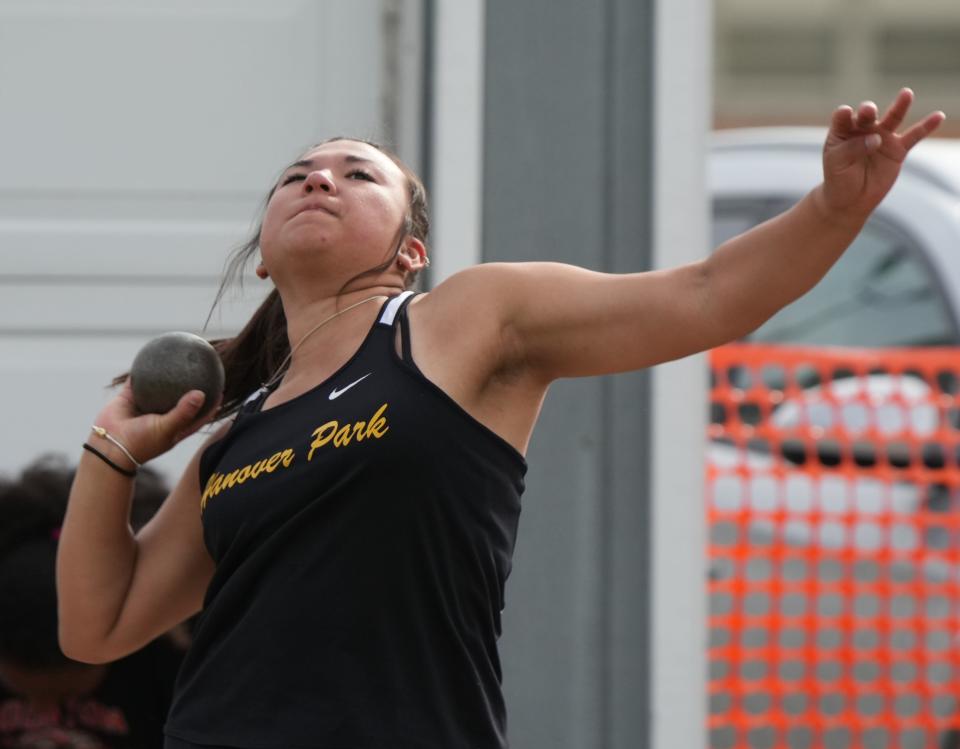 Boonton, NJ - May 16, 2023 —  Juliana Behringer of Hanover Park in the shot put at the Morris County 2023 Spring Track Championships.