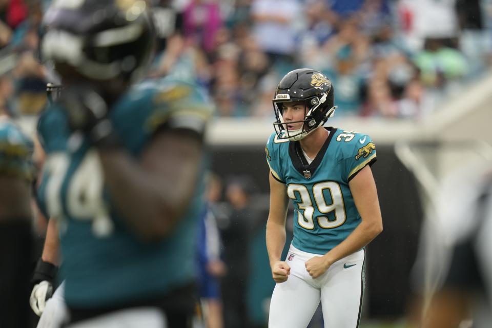 Jacksonville Jaguars place kicker Cam Little (39) reacts after kicking a filed goal during the second half of an NFL football game against the Indianapolis Colts, Sunday, Oct. 6, 2024, in Jacksonville, Fla. (AP Photo/John Raoux)