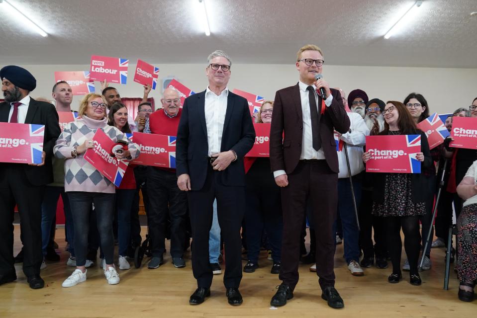 Labour Party leader Sir Keir Starmer and parliamentary candidate for Cannock Chase Josh Newbury , during a visit to Norton Cannes Community Centre, Cannock Chase, Staffordshire (Stefan Rousseau/PA Wire)