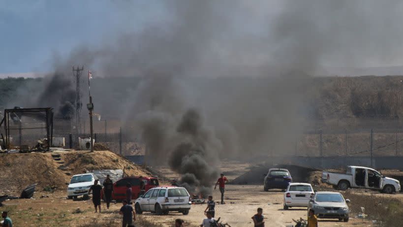 A bicycle was targeted and two young Palestinian militants were killed near the border fence between the Gaza Strip and Israel on October 7, 2023 in Gaza City, Gaza. The Palestinian militant group Hamas launched a missile attack on Israel today, with fighters simultaneously crossing the border from Gaza. Israel has declared a state of war.