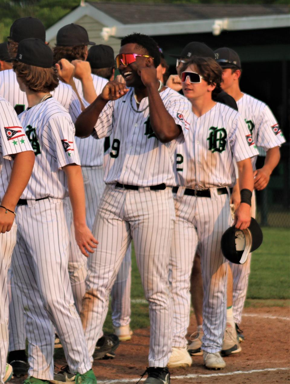 Badin senior Rodney Rachel (9) in postgame as Hamilton Badin defeated Mt. Healthy 25-0 in an OHSAA Division II baseball sectional tournament game May 18, 2023, at Alumni Field in Joyce Park.