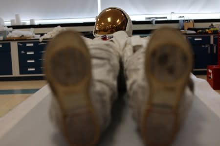 Armstrong's Apollo 11 spacesuit is seen at the Smithsonian's Udvar-Hazy Center in Chantilly, Virginia