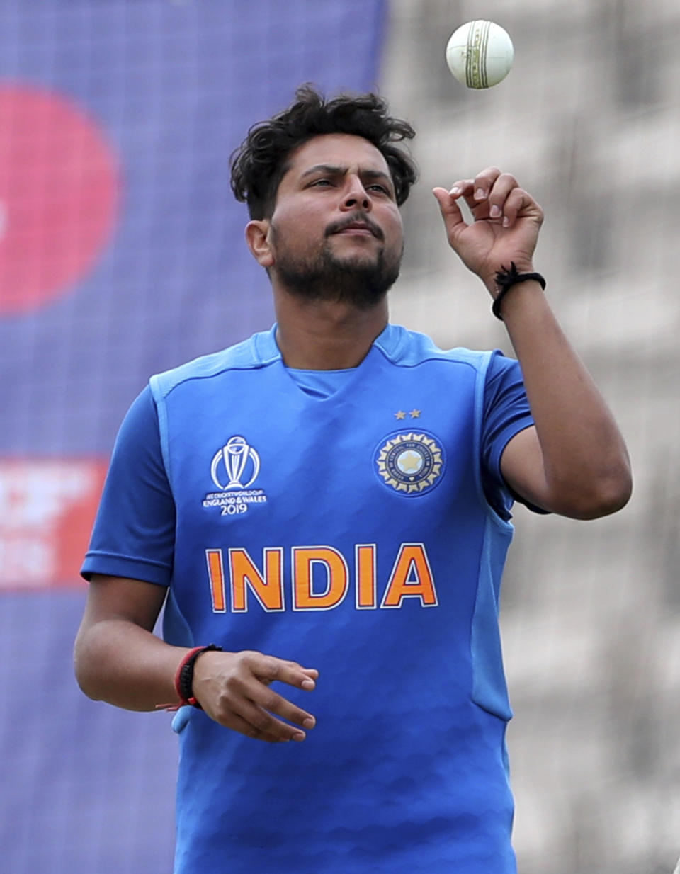India's Kuldeep Yadav prepares to bowl in the nets during a training session ahead of their Cricket World Cup match against South Africa at Ageas Bowl in Southampton, England, Monday, June 3, 2019. (AP Photo/Aijaz Rahi)