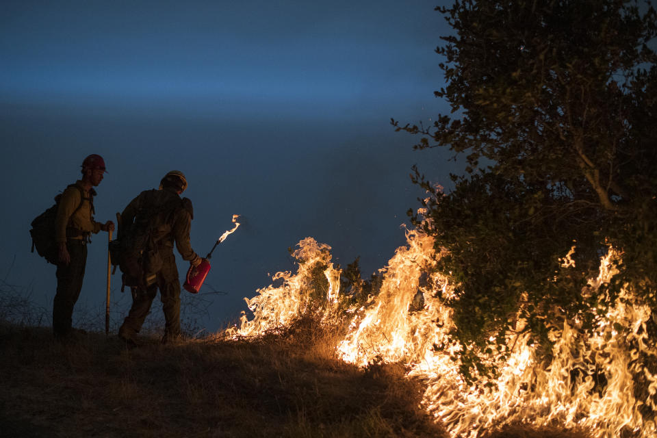 FILE - In this Sept. 11, 2020, file photo, firefighters light a controlled burn along Nacimiento-Fergusson Road to help contain the Dolan Fire near Big Sur, Calif. Crews across the west are lighting controlled burns and taking other steps to prepare for the 2021 fire season that follows the worst one on record. Prescribed burning gets rid of vegetation that can send flames into the forest canopy, where fire can spread easily, and makes the forest more fire resilient. (AP Photo/Nic Coury, File)