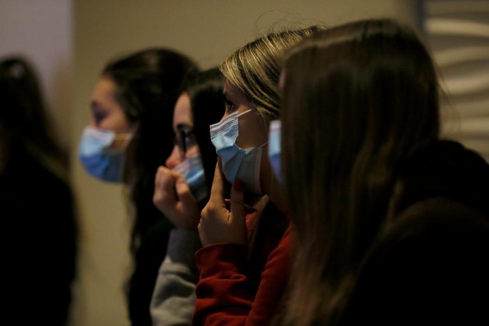 Eighth graders from Sharp Middle School in Pendleton County, Ky., watch a video introduction at the Holocaust & Humanity Center.