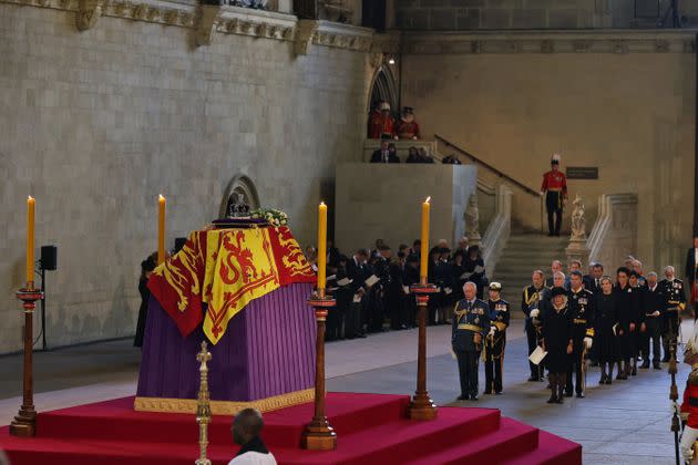 A general view as the coffin carrying Queen Elizabeth II rests in Westminster Hall for the Lying-in State on September 14, 2022 in London, England, with members of the royal family behind the coffin. (Photo: Dan Kitwood via Getty Images)