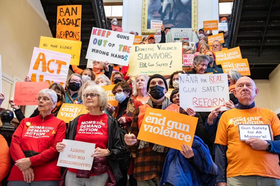 Maine gun control advocates attend a rally for gun safety in January 2024 in Augusta, Maine. Now, lawmakers and activists are debating the merits of a ‘red flag’ gun law (AFP via Getty Images)