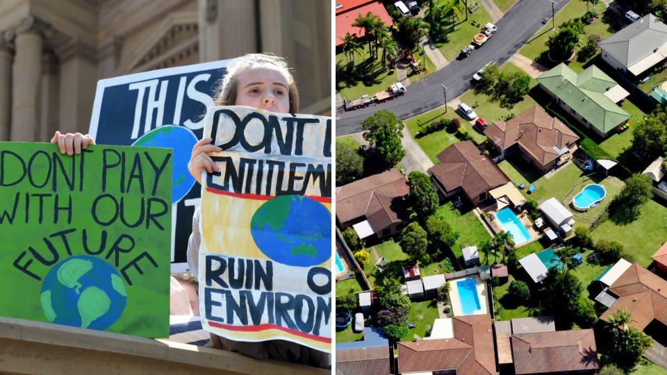 School children strike against climate action, which may wipe billions off the Australian property market. Images: Getty