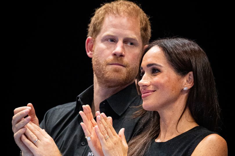 Prince Harry, Duke of Sussex and Meghan Duchess of Sussex are seen at the wheelchair basketball final between the United States and France during day four of the Invictus Games on September 13, 2023 in Dusseldorf, Germany