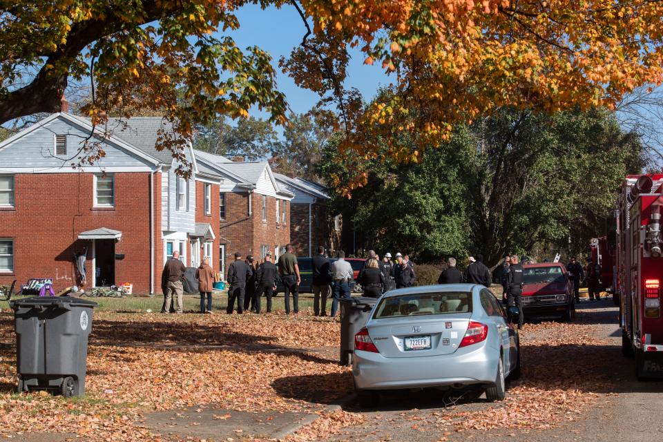 First responders work the scene of a basement fire at a home in the 1100 block of Bayard Park Drive Wednesday, Nov. 1, 2023.