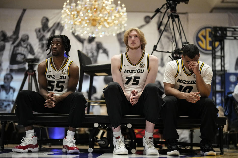 Missouri NCAA college basketball players await speaking during Southeastern Conference Media Days, Wednesday, Oct. 18, 2023, in Birmingham, Ala. (AP Photo/Mike Stewart)