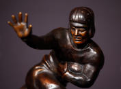 NEW YORK, NY - DECEMBER 10: A detailed view of the Heisman Memorial Trophy after a press conference at The New York Marriott Marquis on December 10, 2011 in New York City. (Photo by Jeff Zelevansky/Getty Images)