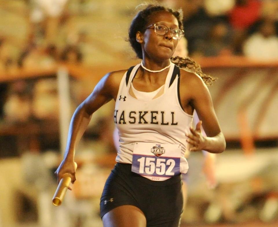 Haskell's Asia Billington runs the mile relay at the state track and field meet in Austin on Friday, May 13, 2022.