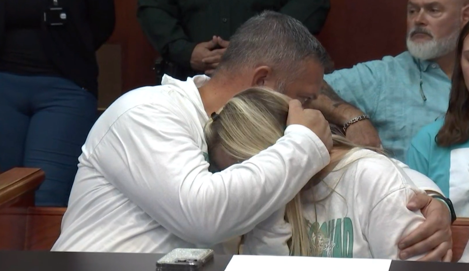 Forrest and Stacy Bailey, the parents of Tristyn Bailey, embrace after Crystal Smith's no-contest plea and sentencing is completed in her tampering with evidence case Friday. Smith, the mother of convicted murderer Aiden Fucci, had tried to conceal blood from her 14-year-old son's jeans the morning Tristyn disappeared.