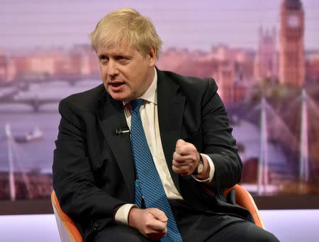 Britain's Foreign Secretary Boris Johnson attends the BBC's Marr Show in London, April 15, 2018. Jeff Overs/BBC handout via REUTERS