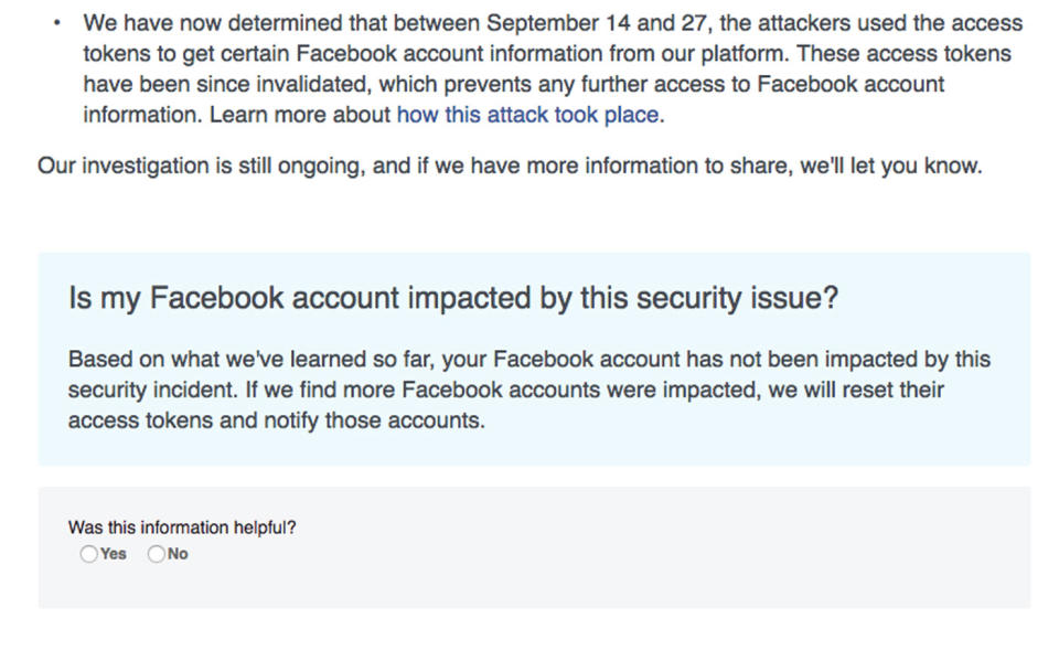 This page tells Facebook users if they have been hacked. Source: Facebook