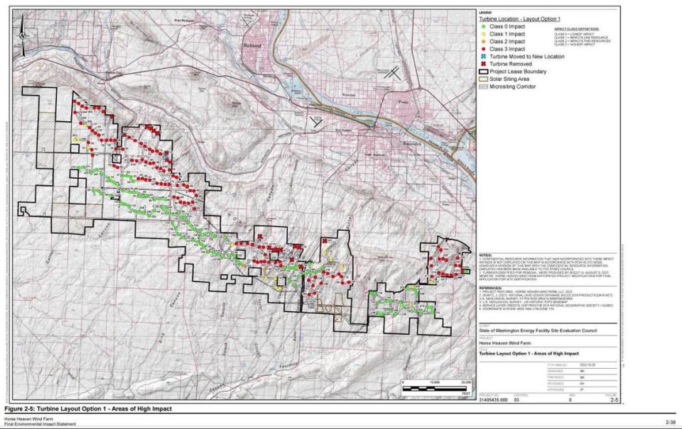 A Washington state council is considering recommending that wind turbines shown by red dots not be allowed in the Horse Heaven Clean Energy Center. They are rated as having the highest negative impacts.