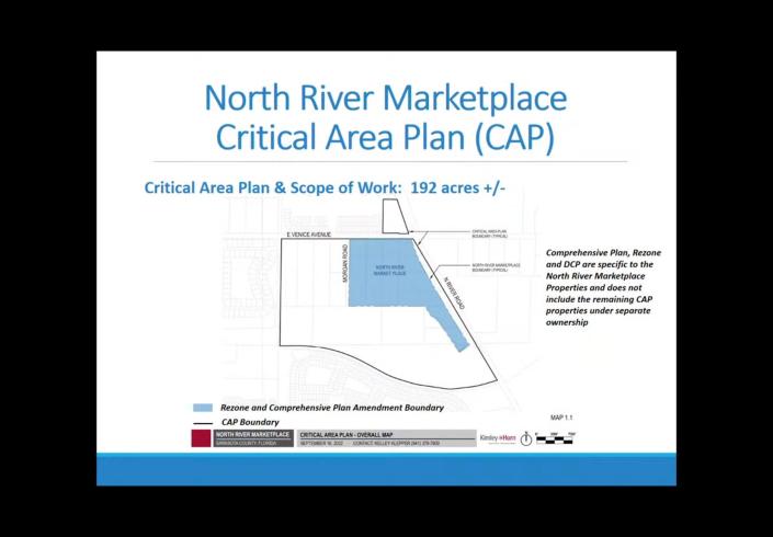 This graphic shows the North River Marketplace Critical Area Plan. The 51.52-acre proposed commercial center is shaded in blue. It is surrounded by land that would be used for the residential development, Sweet Water Lakes, while the smaller parcel north of East Venice Avenue is targeted for a self-storage facility.
