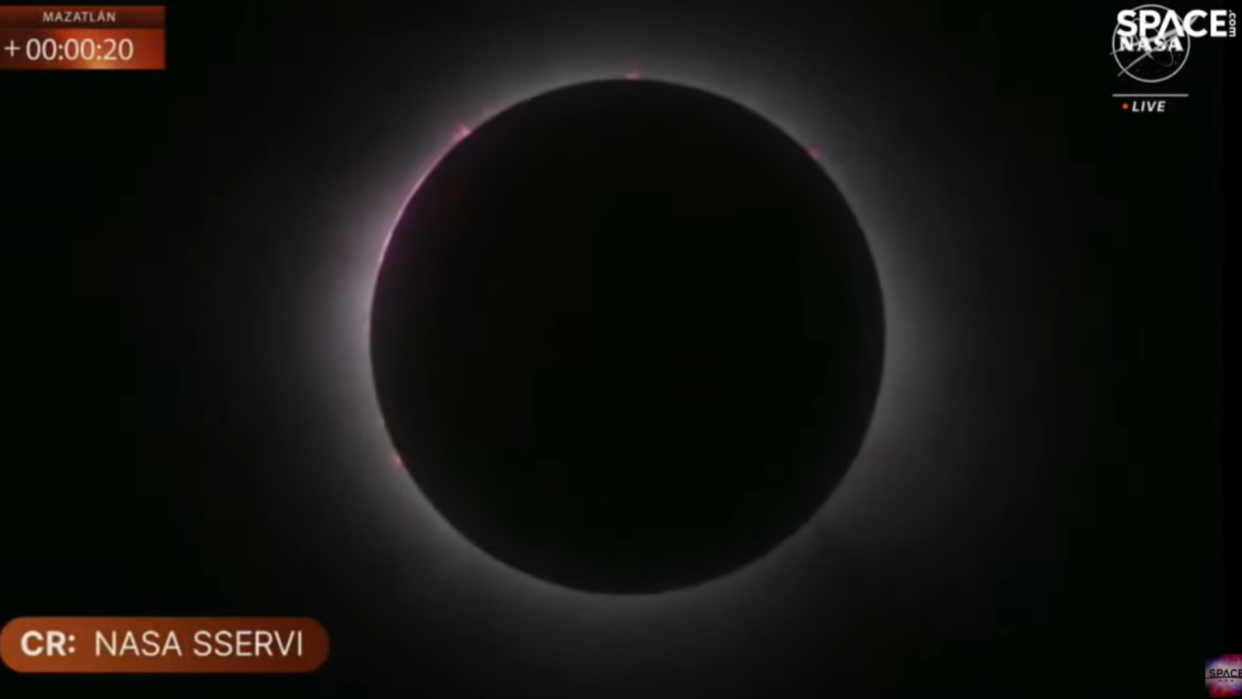   The first region to experience totality during the total solar eclipse on April 8, 2024, is Mazatlan, Mexico. Here, the moon is seen covering the sun at around 11:10 local time (14:10 EDT/18:10 GMT). 