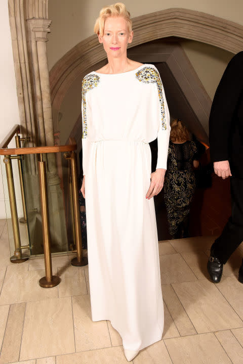 <p>Tilda Swinton wore a white Schiaparelli gown to attend the BFI Luminous Fundraising Gala.</p>