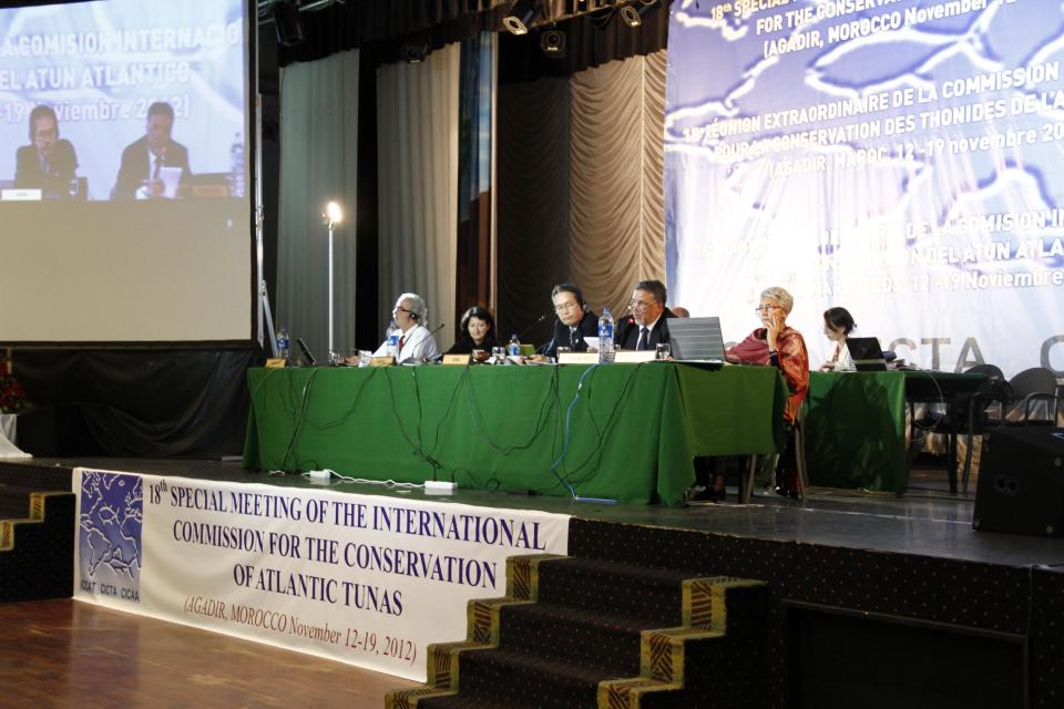 Chairmen for the International Commission for the Conservation of Atlantic Tuna address delegates at the closing of the conference in Agadir, Morocco, on Monday, Nov. 19, 2012. Member nations of the fisheries group agreed to maintain strict quotas to stop overfishing of severely depleted bluefin tuna stocks. (AP Photo/Paul Schemm)